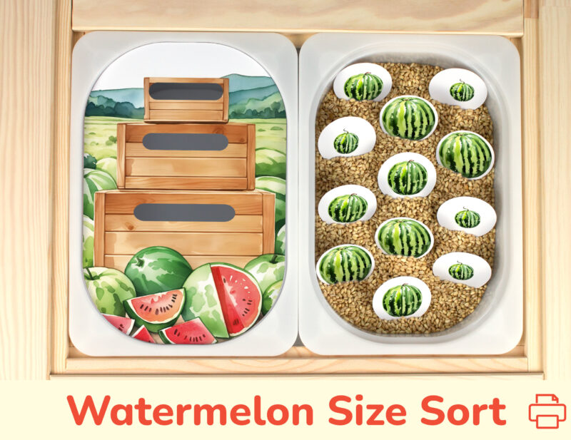 Watermelon size sorting insert placed on Trofast sensory bins in IKEA Fflisat children's sensory table.