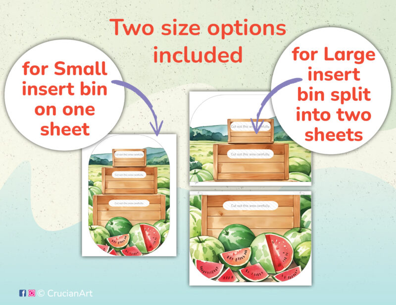 Watermelon size sorting flisat insert printables for small and large trofast sensory bins. Summer fruit harvest unit educational resources for daycare centers. Diy insert template for ikea flisat sensory table.