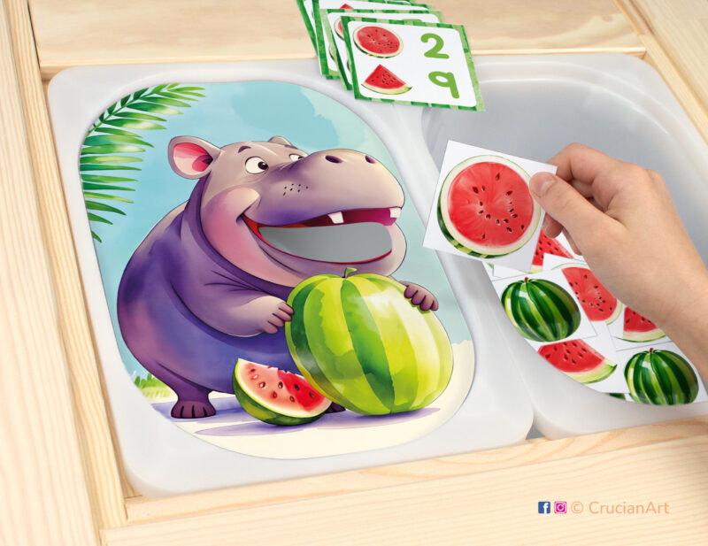 Feed the hippopotamus with watermelon sensory play for a daycare center. Printable template for ikea flisat table bins for kids. Classroom educational printables for a summer vacation unit.