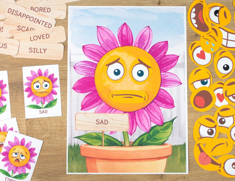 Flower garden theme facial expressions building play for toddler. Understanding emotions spring and summer printable activity.