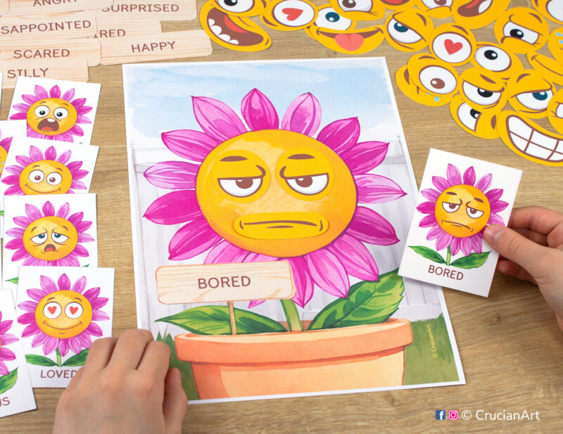 Flower garden theme emotions and feelings activity for emotion recognition. Learning printables for preschool teachers for spring and summer season units.