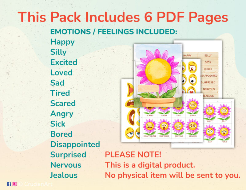 Spring and summer season activity to learn about feelings and emotions by building garden flower faces: happy, excited, sad, tired, angry, scared, silly, loved, bored, surprised, disappointed, nervous, sick, jealous.