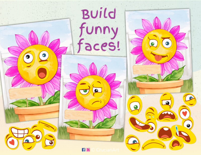 Emotion recognition activity for preschool kids. Flower garden theme activity about feelings and mood.