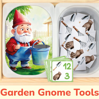Garden gnome tools sorting and counting activity placed on trofast boxes in ikea flisat children's sensory table. Printable toddler activity for springtime unit.
