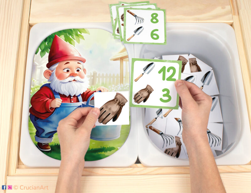 Let's sort gnome's gardening tools Flisat insert resource in a Montessori preschool. Spring season theme early math counting activity placed on an IKEA children's sensory table.