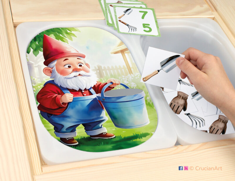 Garden gnome tools sensory play for a daycare center. Printable template for ikea flisat table bins for kids. Classroom educational printables for a spring gardening unit.
