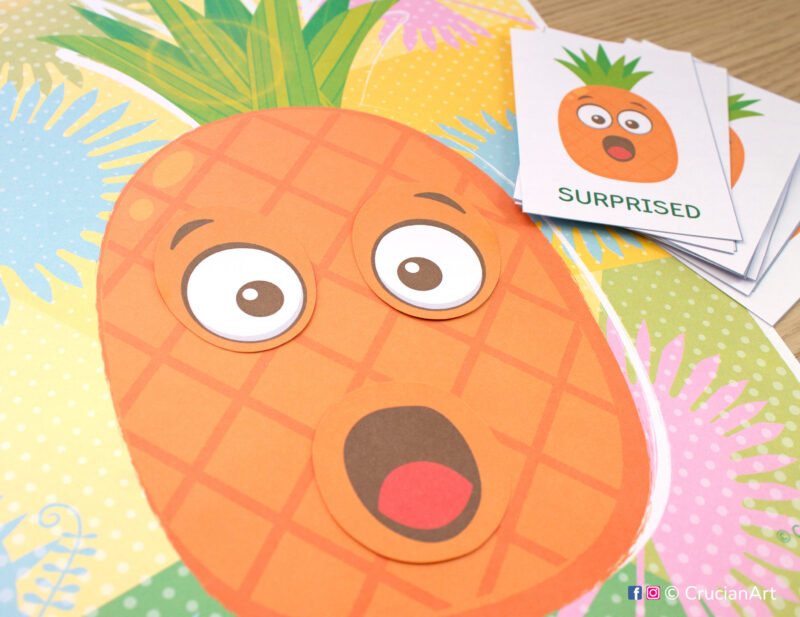 Build pineapple faces and learn about feelings and emotions. Summer fruits theme printable activity for toddlers.