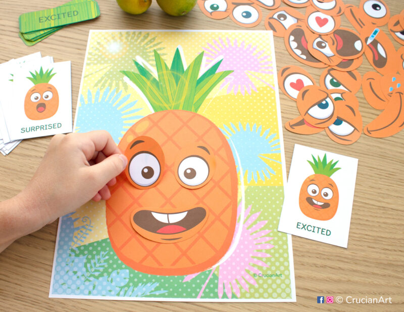 Pineapple feelings and emotions activity for toddlers. Summer fruits theme printable materials for preschool classrooms on developing emotional intelligence.