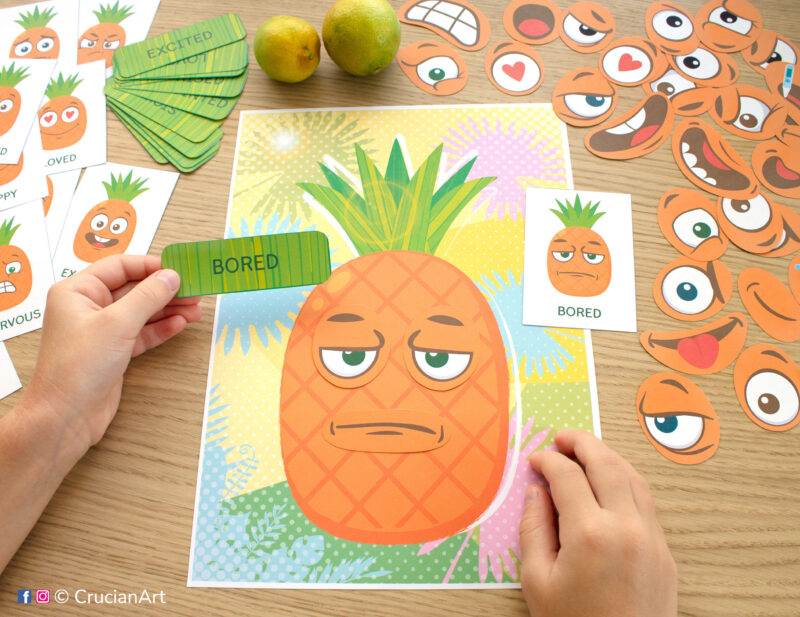 Summer pineapple emotions and feelings activity for emotion recognition. Learning printables for preschool teachers.