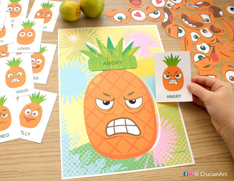 Pineapple themed emotional development material for toddlers and preschoolers. Learn about feelings and emotions educational resources. Funny summer fruits printable activity.
