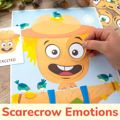 Scarecrow emotions and feelings activity for kids. Emotional intelligence autumn printable resource for toddlers. Empathy-building preschool activities.