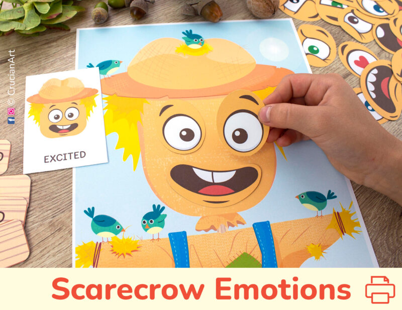 Scarecrow emotions and feelings activity for kids. Emotional intelligence autumn printable resource for toddlers. Empathy-building preschool activities.