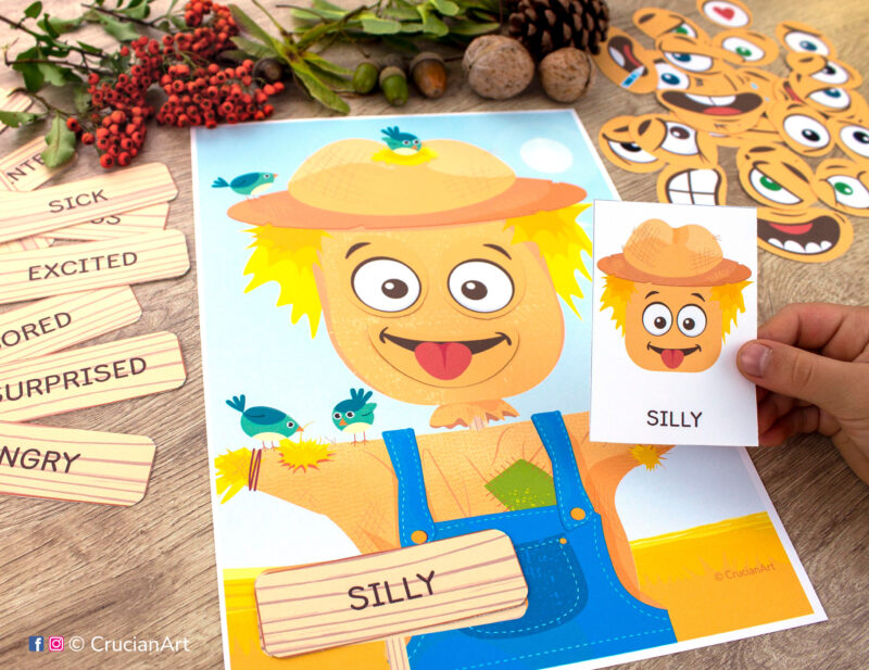 Scarecrow feelings and emotions activity for toddlers. Fall season printable materials for preschool classrooms on developing emotional intelligence.