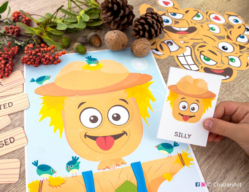 Scarecrow emotions and feelings autumn activity for emotion recognition. Learning printables for preschool teachers.