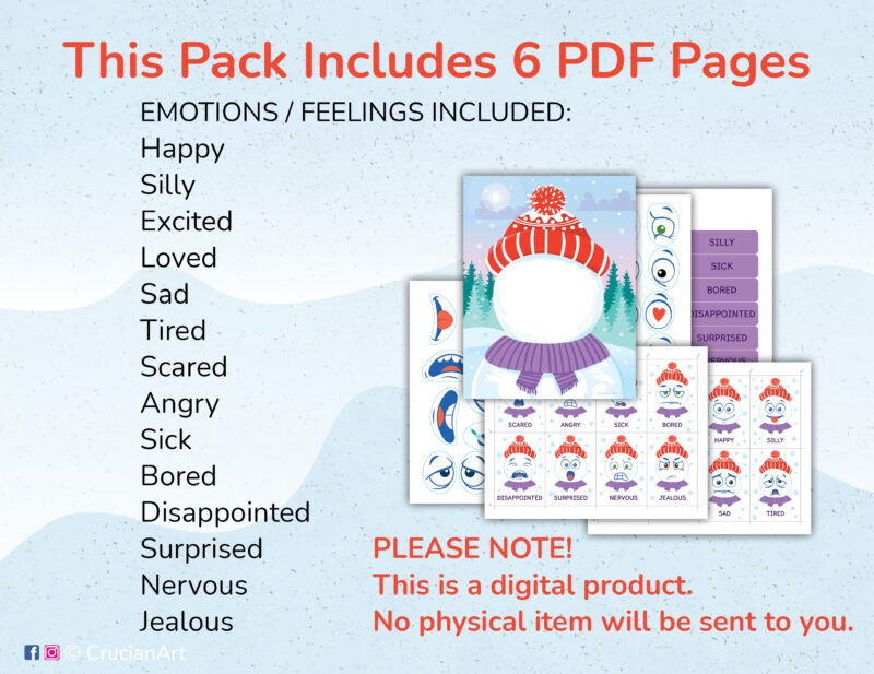 Winter season activity to learn about feelings and emotions by building snowman faces: happy, excited, sad, tired, angry, scared, silly, loved, bored, surprised, disappointed, nervous, sick, jealous.