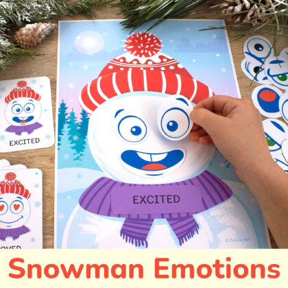 Snowman emotions and feelings activity for kids. Emotional intelligence printable resource for toddlers. Empathy-building preschool activities for winter season.