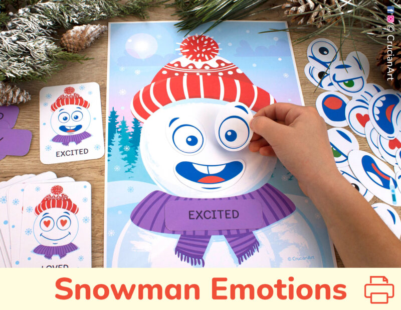 Snowman emotions and feelings activity for kids. Emotional intelligence printable resource for toddlers. Empathy-building preschool activities for winter season.