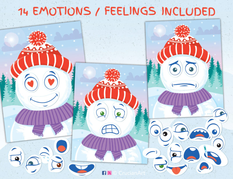 Emotion recognition activity for preschool kids. Snowman theme activity about feelings and mood.