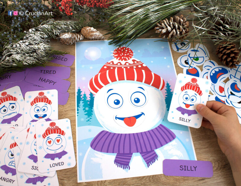 Emotional development material for toddlers and preschoolers. Learn about feelings and emotions educational resources. Snowman printable activity for winter season.