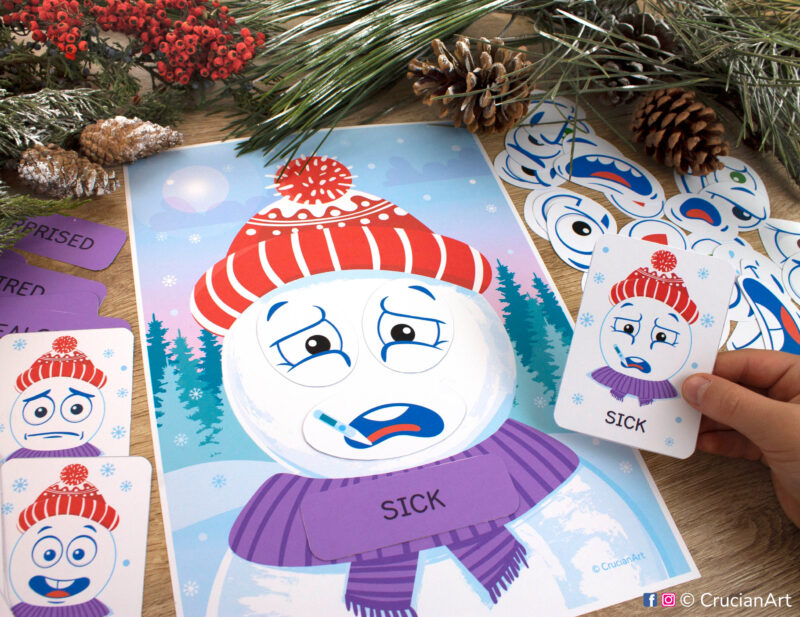 Snowman feelings and emotions activity for toddlers. Winter season printable materials for preschool classrooms on developing emotional intelligence.