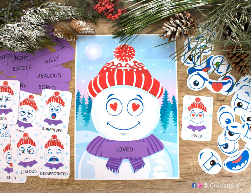 Build snowman faces and learn about feelings and emotions. Winter season printable activity for toddlers.