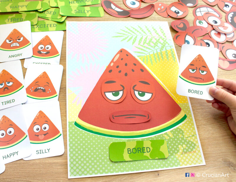 Summer watermelon feelings and emotions activity for toddlers. Printable materials for preschool classrooms on developing emotional intelligence.