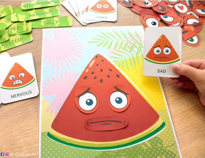 Summer watermelon emotions and feelings activity for emotion recognition. Learning printables for preschool teachers.