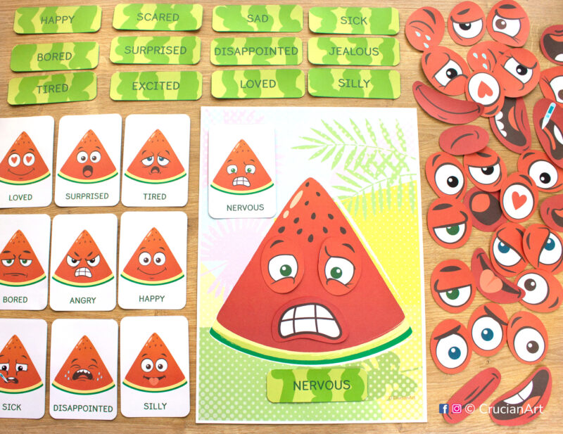 Emotional development material for toddlers and preschoolers. Learn about feelings and emotions educational resources. Funny summer watermelon printable activity.