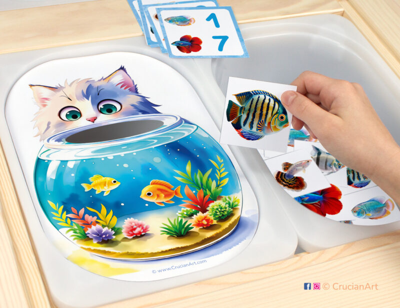 Fill the Aquarium with Fish sensory play for a daycare center. Printable template for ikea flisat table bins for kids. Classroom educational printables for toddlers and preschoolers.