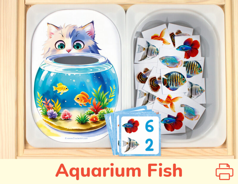Fill the aquarium with fish themed preschool counting activity placed on trofast boxes in ikea flisat children's sensory table. Printable toddler activity for pets unit.