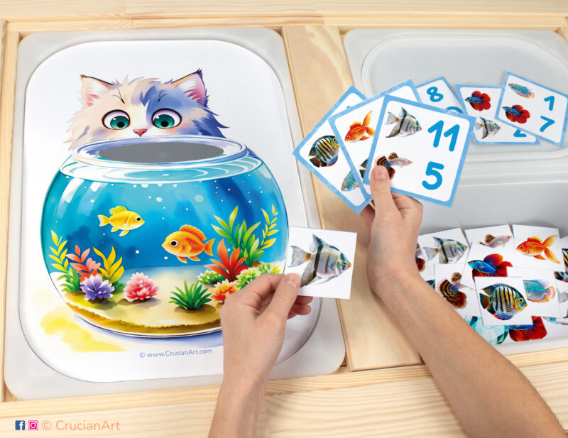 Fill the aquarium with fish sensory play: fish tank worksheet for an educational counting activity inserted into IKEA Flisat table and counters with Goldfish, Betta fish, Discus fish, Angelfish, Guppy and Gourami placed in the Trofast bin.