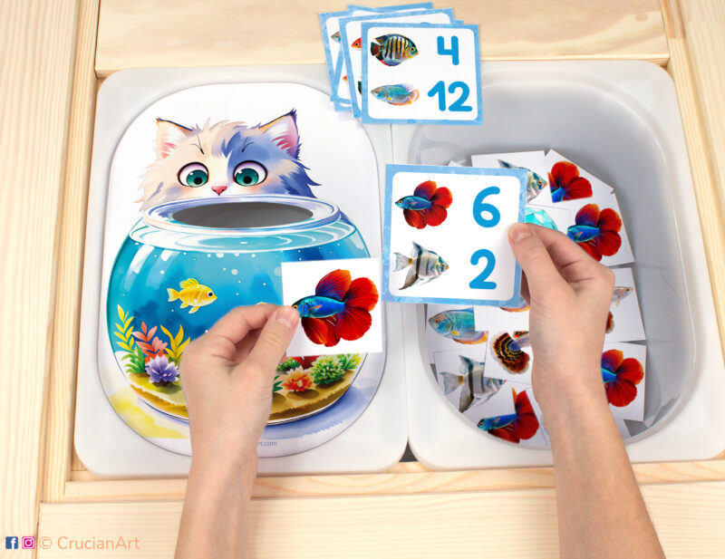 Let's fill the aquarium with fish Flisat insert resource in a Montessori preschool. Pets theme early math counting activity placed on an IKEA children's sensory table.