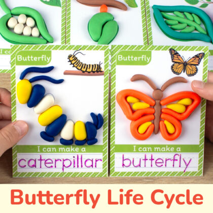 Printable playdough mats for preschool spring season curriculum. Monarch butterfly life cycle themed play doh mat with tracing word.