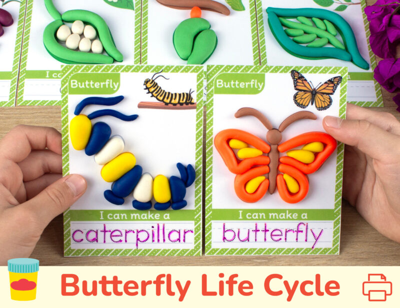 Printable playdough mats for preschool spring season curriculum. Monarch butterfly life cycle themed play doh mat with tracing word.