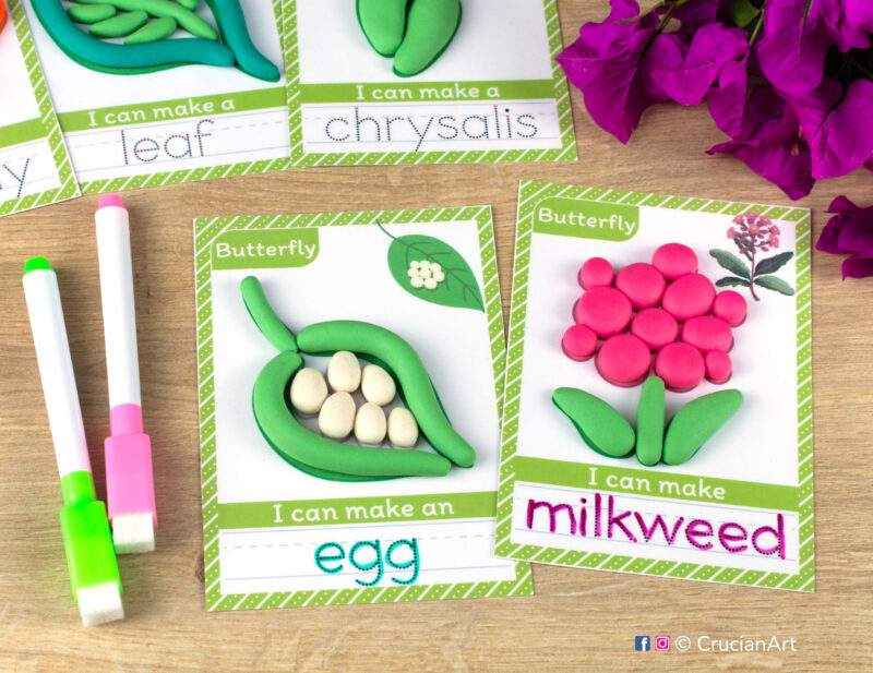 Set of printable playdough mats for an Insect Life theme: butterfly eggs and milkweed flower.