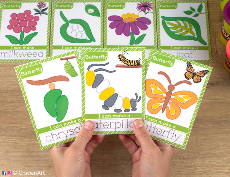 Life cycle of a Monarch butterfly printable playdough materials for preschool teachers. Spring activity for Play-Doh with images of chrysalis, caterpillar and butterfly. Nature unit printables.
