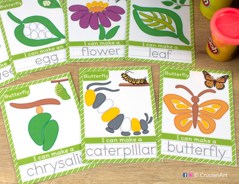 Spring insect creatures themed playdough mats for toddlers and preschoolers with images of a chrysalis, caterpillar, Monarch butterfly, flower.