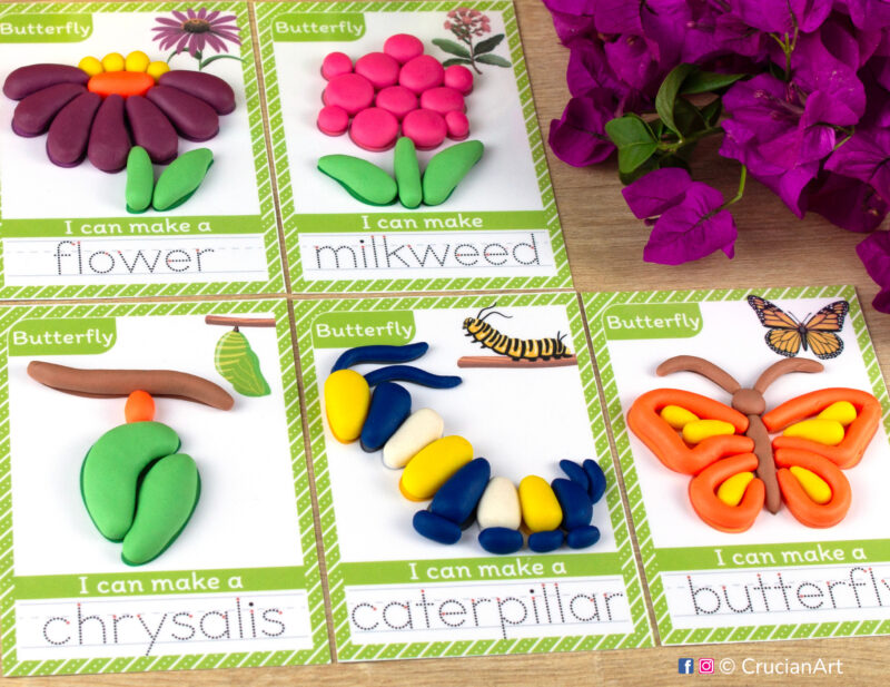 Insect life playdough mats for preschool spring nature unit. Play-doh mats with a chrysalis, caterpillar, butterfly, milkweed, flower.