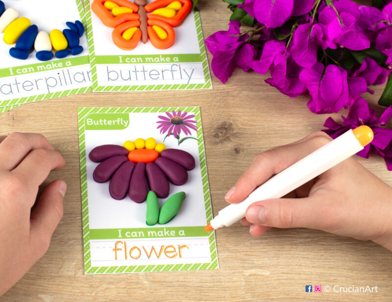 Printable flower theme playdough mats. Spring season play dough mat with an illustration of a life cycle of a Monarch butterfly. Do-it-yourself language learning educational resources for childcare centers.