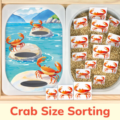Crab size sorting insert placed on Trofast sensory bins in IKEA Fflisat children's sensory table.