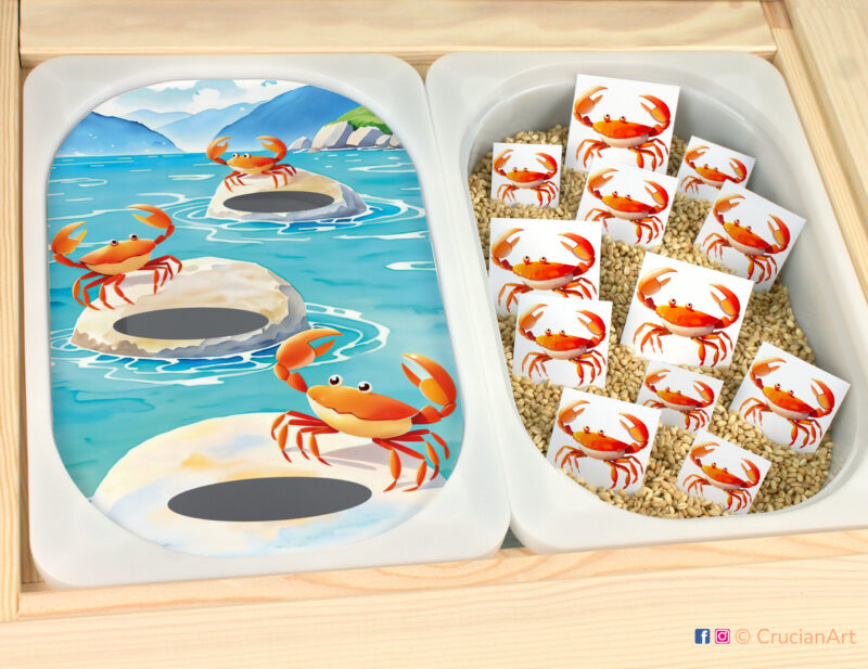 Ocean-themed play setup for a crab size sorting game. Summertime sensory table insert. Printable template for ikea flisat sensory table bins for kids.