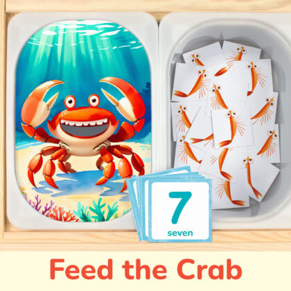 Feed the crab plankton themed preschool counting activity placed on trofast boxes in ikea flisat children's sensory table. Printable toddler activity for ocean animals unit.