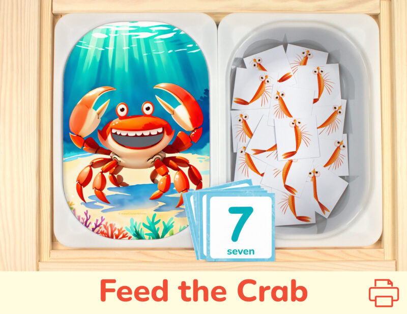 Feed the crab plankton themed preschool counting activity placed on trofast boxes in ikea flisat children's sensory table. Printable toddler activity for ocean animals unit.