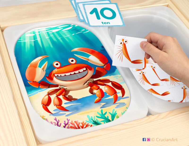 Feed the crab plankton sensory play in a childcare center: classroom learning printable materials for ocean animals unit. Counting trofast insert template for kids sensory bins. Printables for the ikea flisat sensory table.