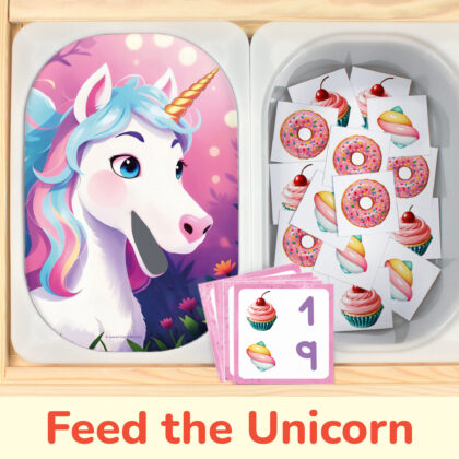Feed the rainbow unicorn with cupcakes, marshmallows, and donuts. Sorting and counting activity placed on trofast boxes in ikea flisat children's sensory table. Printable toddler activity for toddler girls.