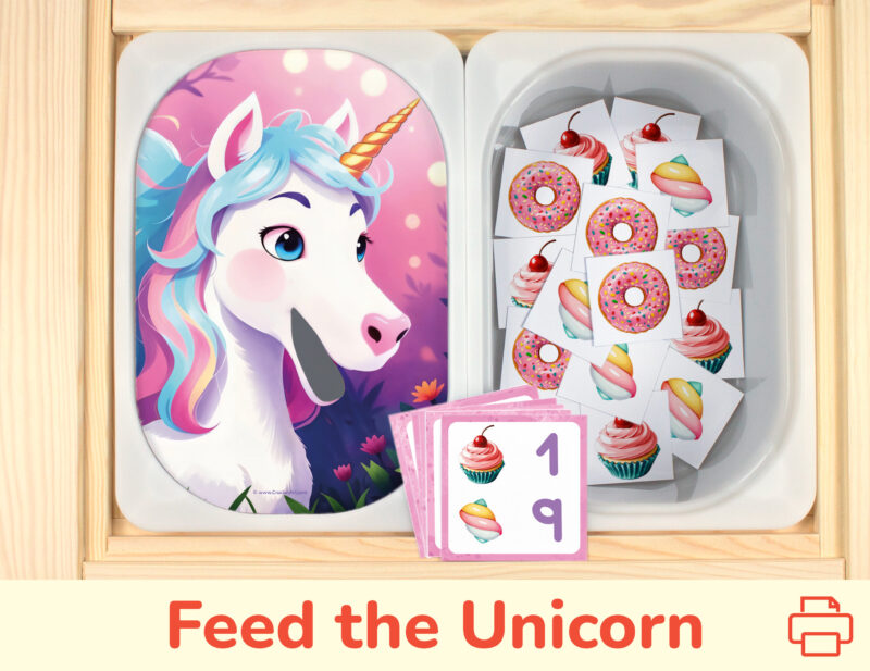 Feed the rainbow unicorn with cupcakes, marshmallows, and donuts. Sorting and counting activity placed on trofast boxes in ikea flisat children's sensory table. Printable toddler activity for toddler girls.