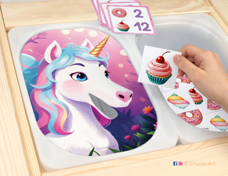 Feed the unicorn with cupcakes, marshmallows, and donuts sensory play for a daycare center. Printable template for ikea flisat table bins for kids. Classroom educational printables for preschool girls.
