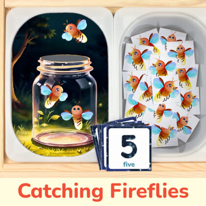 Firefly Hunt themed preschool counting activity placed on trofast boxes in ikea flisat children's sensory table. Printable toddler activity for summer insects unit.