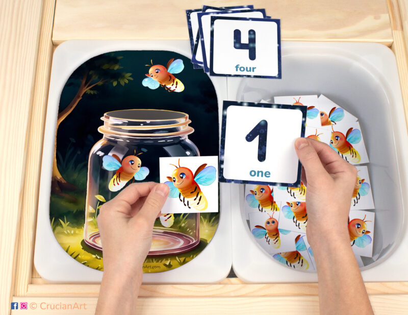 Firefly jar hunt flisat insert resource in a Montessori preschool: early math counting activity placed on an ikea children's sensory table. Summer insects theme play for kids sensory table insert.