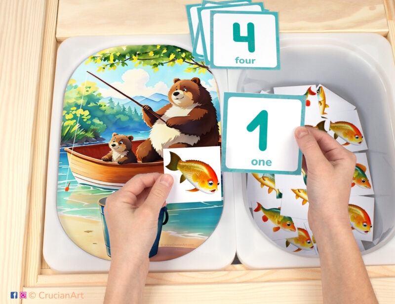 Fishing with bears flisat insert resource in a Montessori preschool: early math counting activity placed on an ikea children's sensory table. Summer camp theme play for kids sensory table insert.